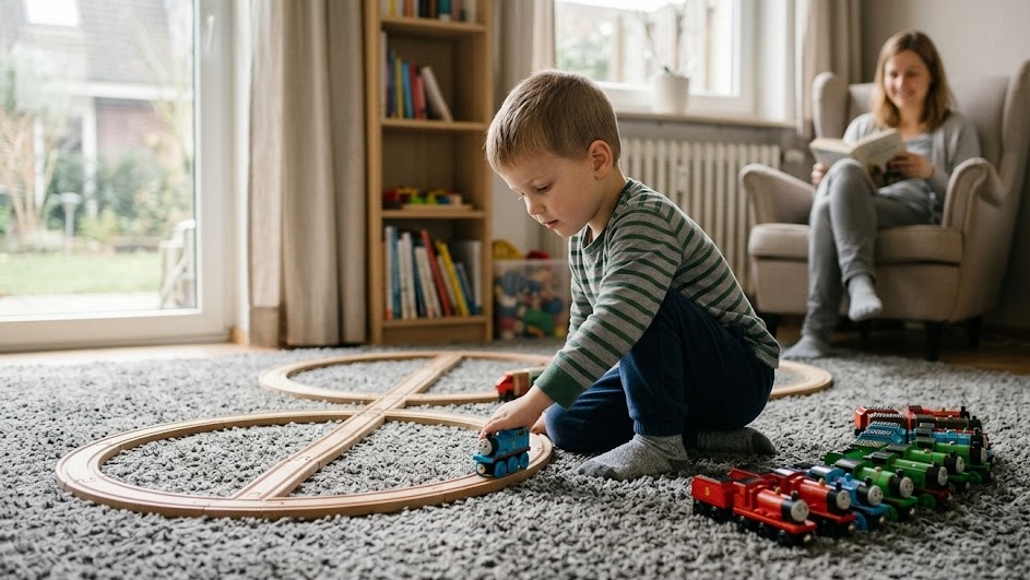 Junge spielt konzentriert mit Holzeisenbahn auf Teppich— ruhige, strukturierte Spielsituation zu Hause